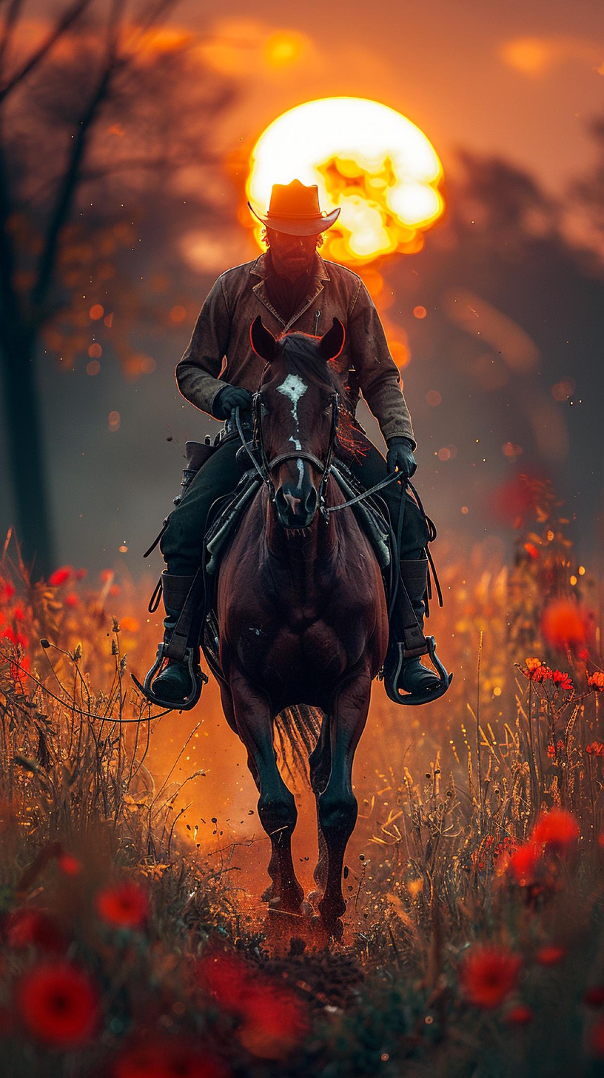 Prairie, against the backdrop of the setting sun, a cowboy gallops on a horse, Marlboro style
