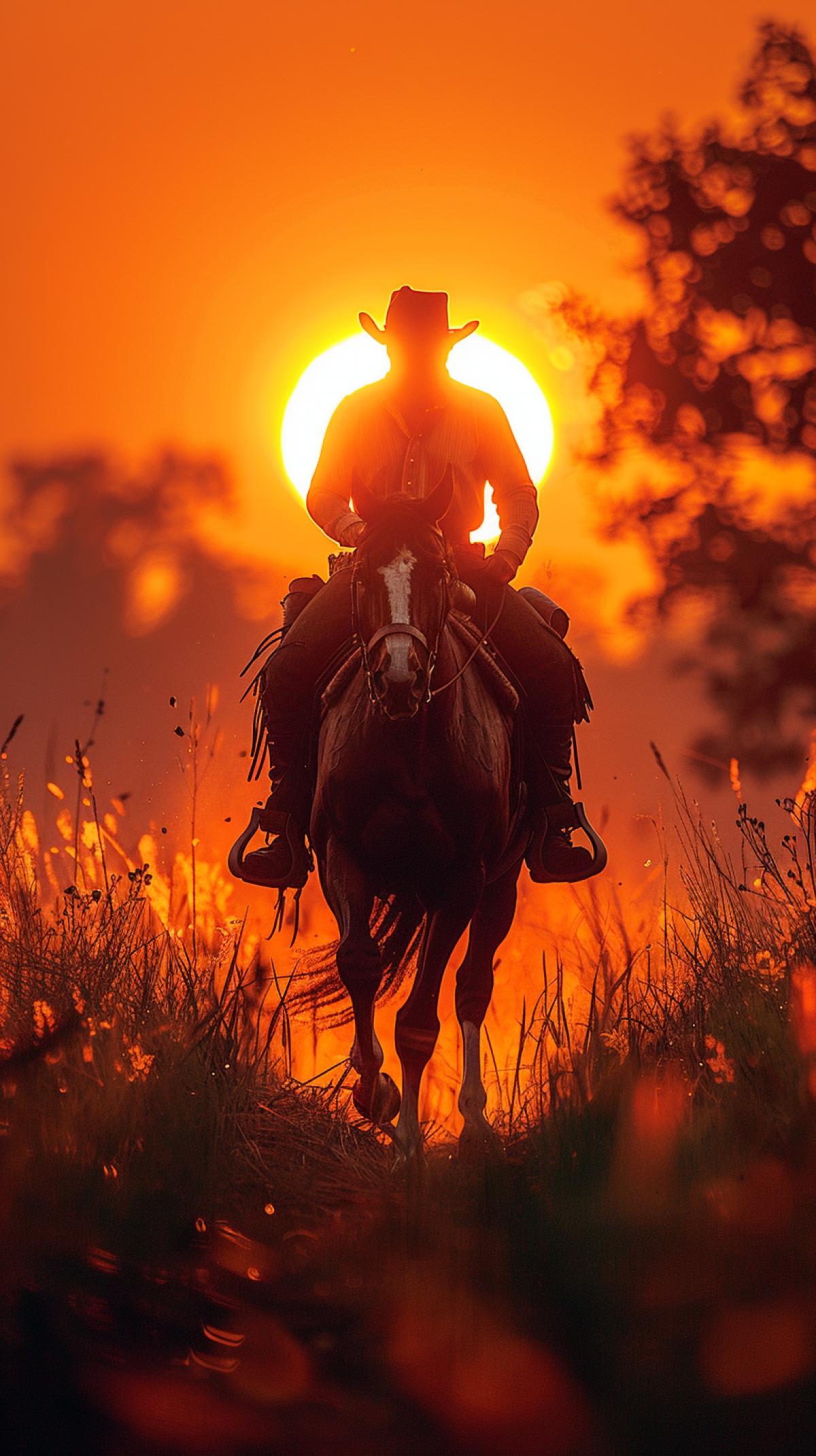 Prairie, against the backdrop of the setting sun, a cowboy gallops on a horse, Marlboro style