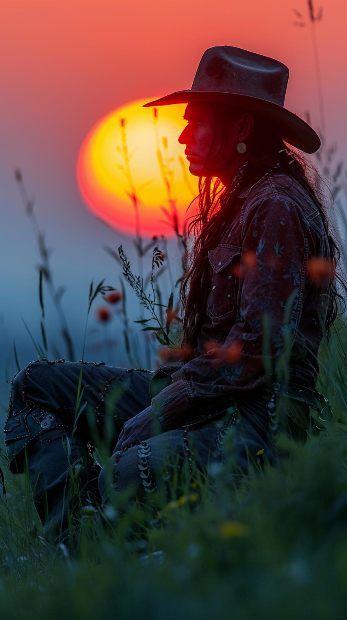 Wild West, prairies, coyon against the backdrop of sunset, Navaja Indians come back from hunting