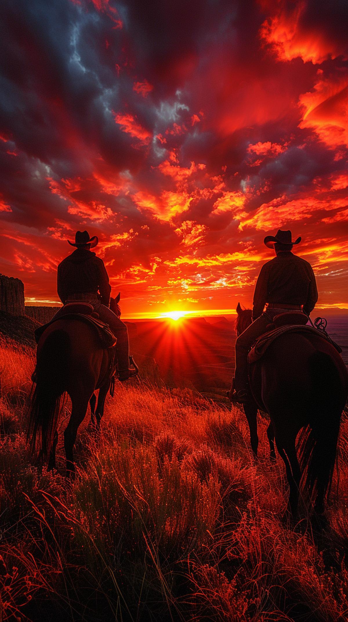 Prairie, sunset, in a canyon two cowboys catch a wild jet-dark pacer, Seton Thompson style