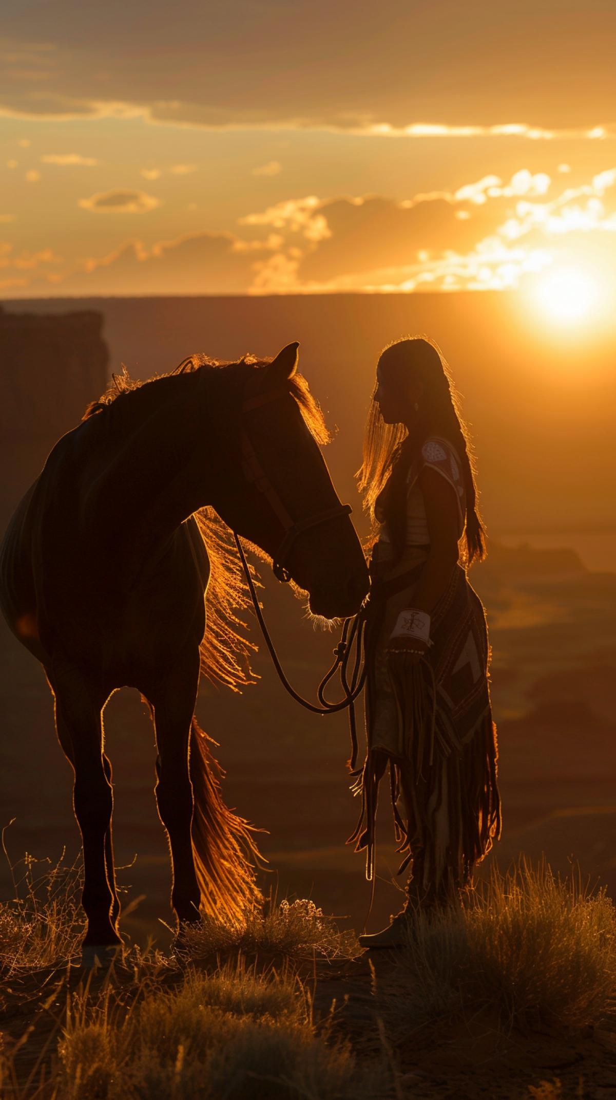 Wild West, prairie canyon, against the backdrop of sunset, a Navajo Indian stands next to a dark wild horse