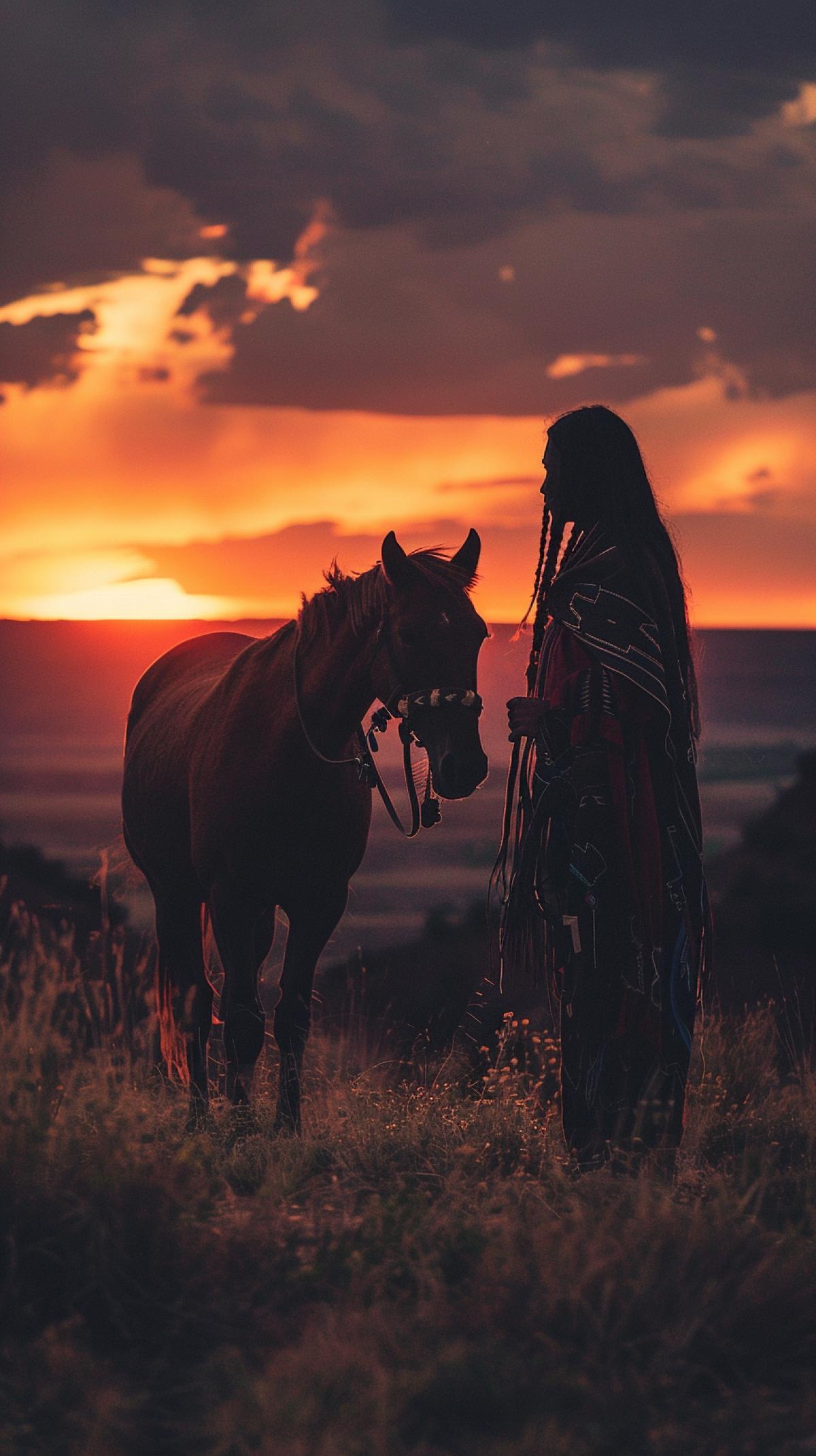 Wild West, prairie canyon, against the backdrop of sunset, a Navajo Indian stands next to a dark wild horse