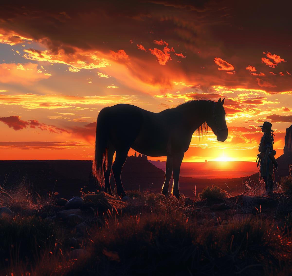 Wild West, prairie canyon, against the backdrop of sunset, a Navajo Indian stands next to a dark wild horse
