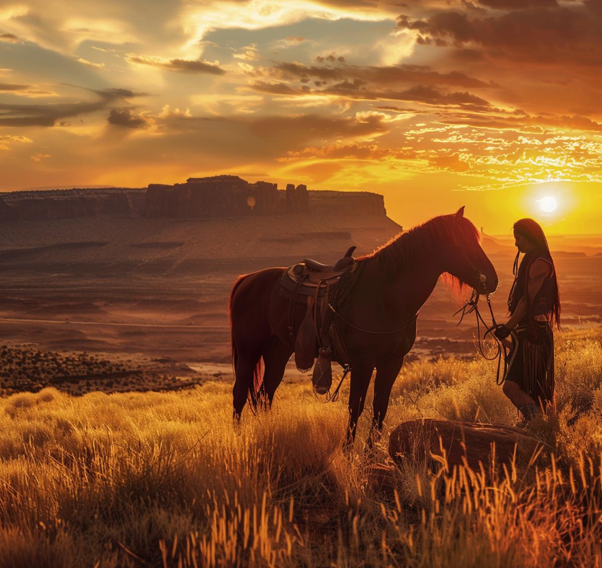 Wild West, prairie canyon, against the backdrop of sunset, a Navajo Indian stands next to a dark wild horse