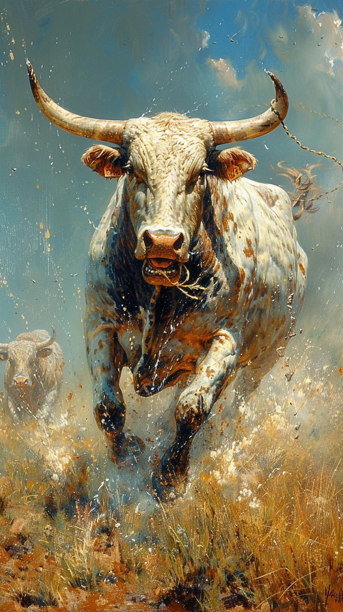Wild West, prairie, hot day, cowboys lasso a bull that has strayed from the herd