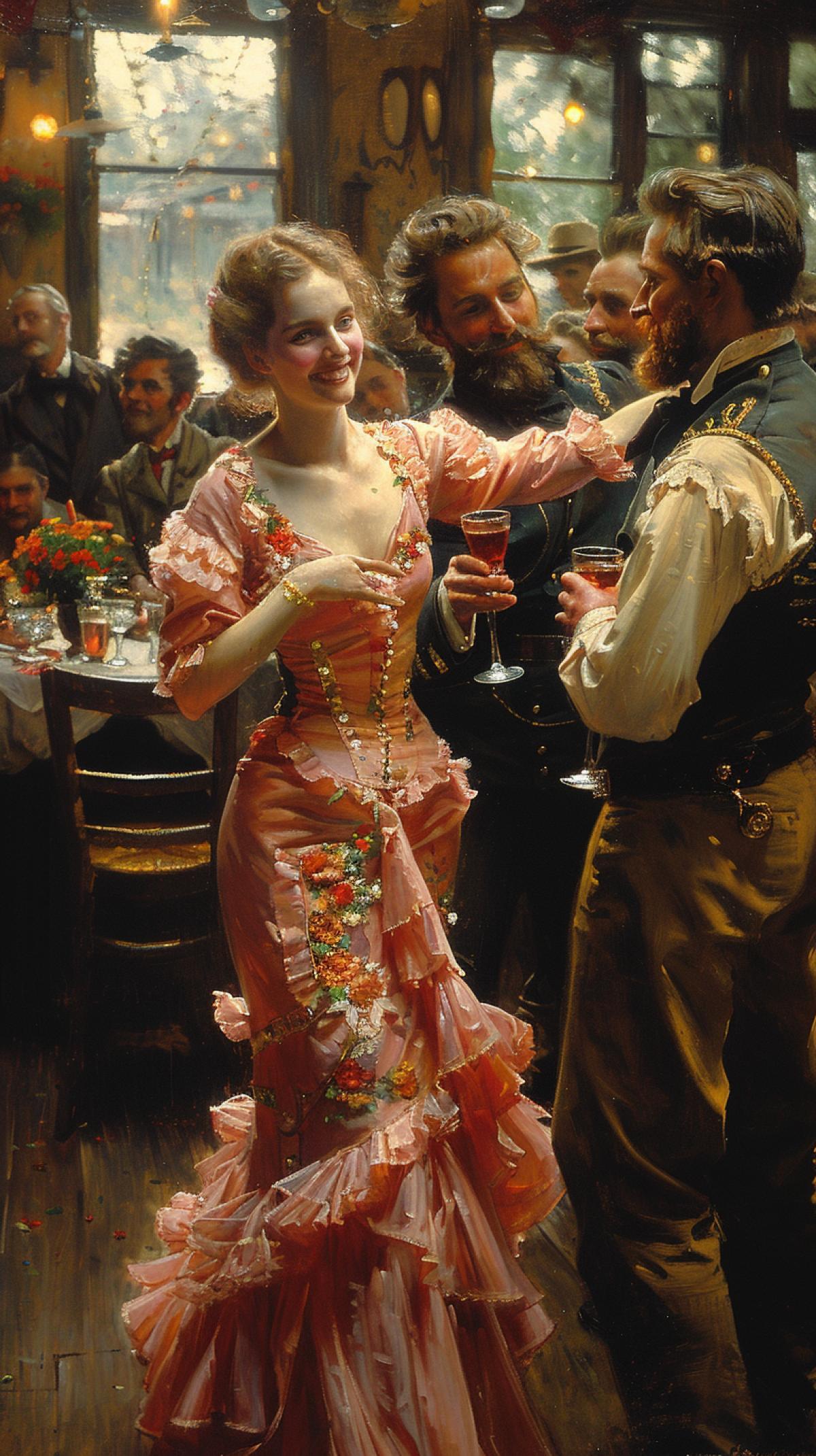 Wild West, prairies, late evening, girls are dancing cancan on stage in a saloon, men are drinking at tables