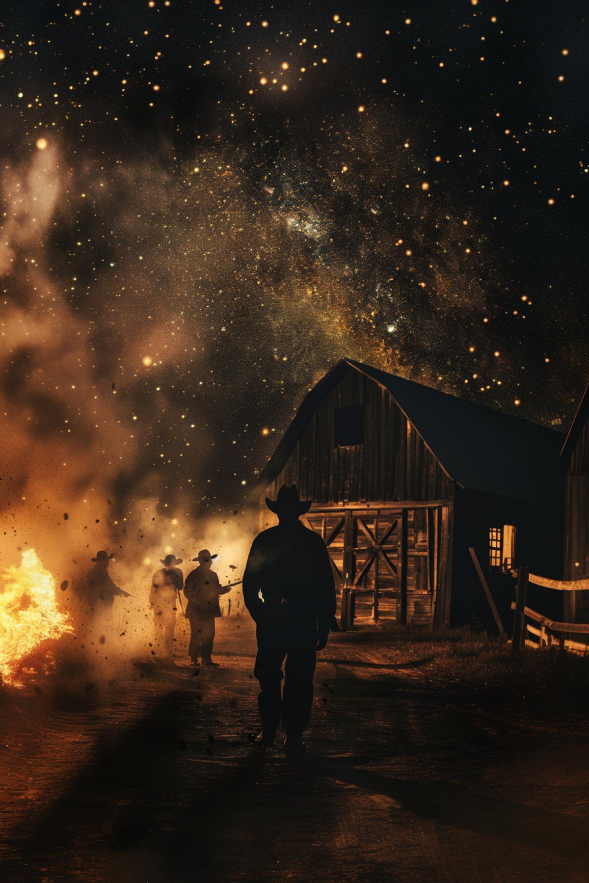 Western, shootout at the barn, flickering, realistic image, photoshop, style, western, wild west