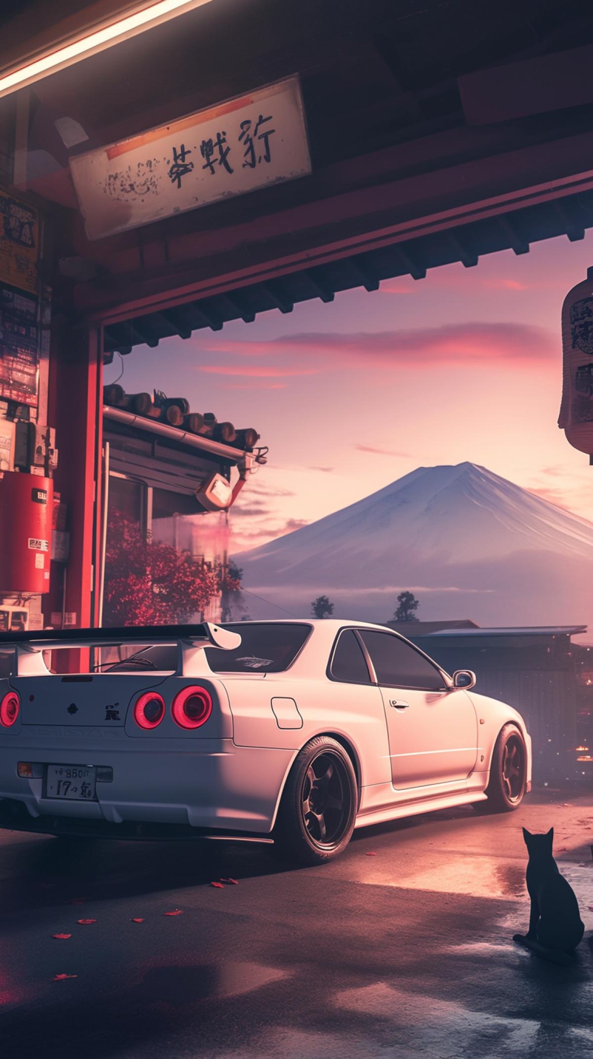 A white Tuned Nissan skyline GT-R 34 stands in a garage in Japan with a sign hanging on the mountain in the background and a cat walking nearby