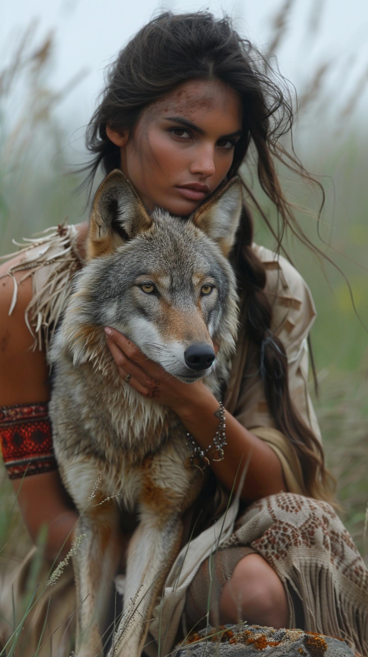 Wild West, prairies, a Cherokee Indian woman sits on a stone stroking a steppe wolf