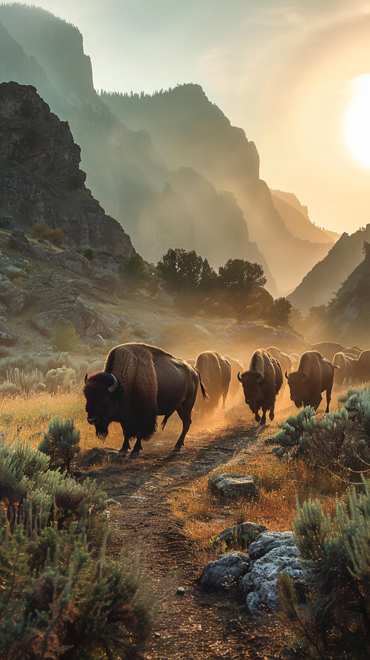 Wild West, early morning, a herd of bison is walking through the canyon