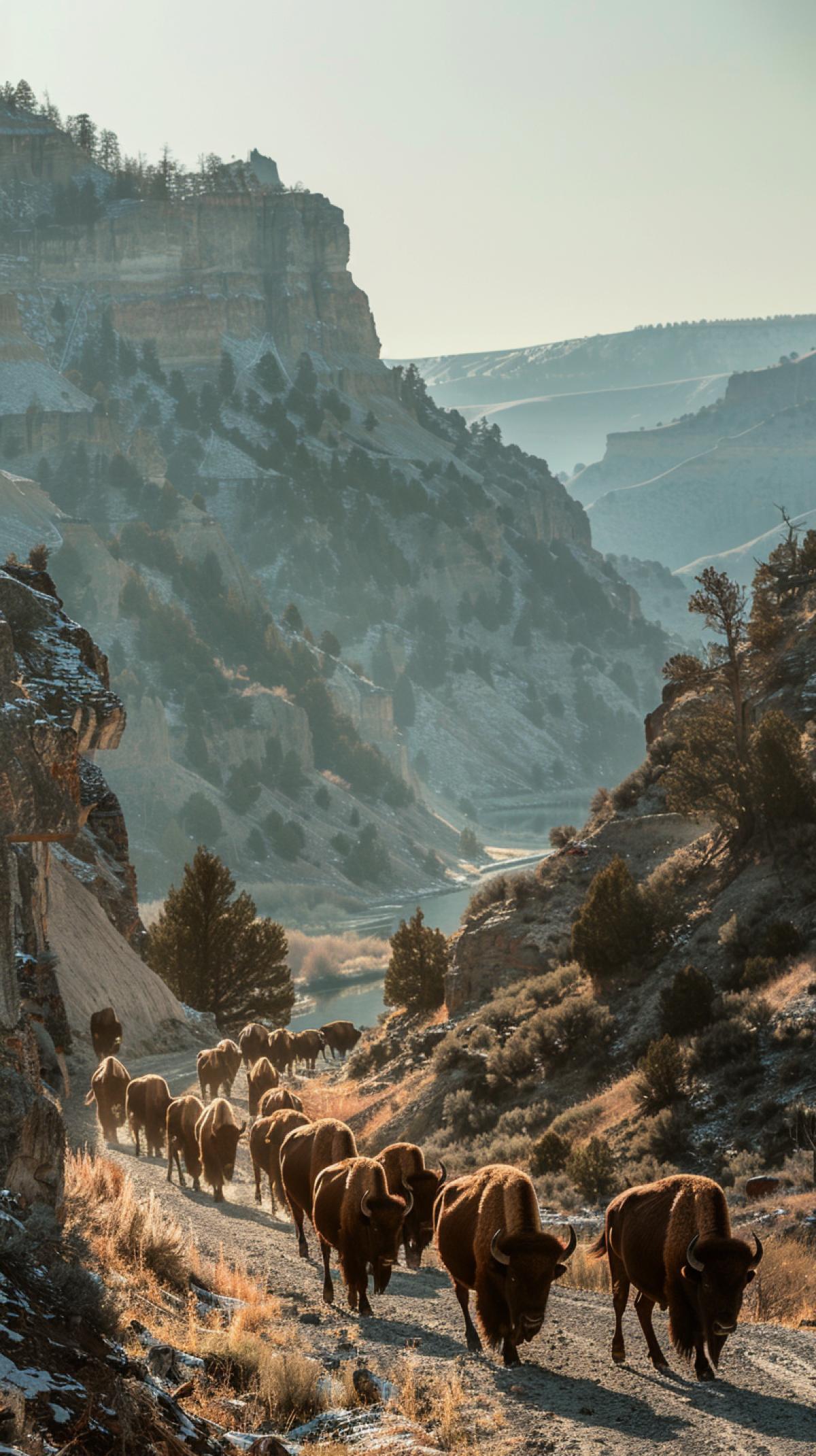 Wild West, early morning, a herd of bison is walking through the canyon