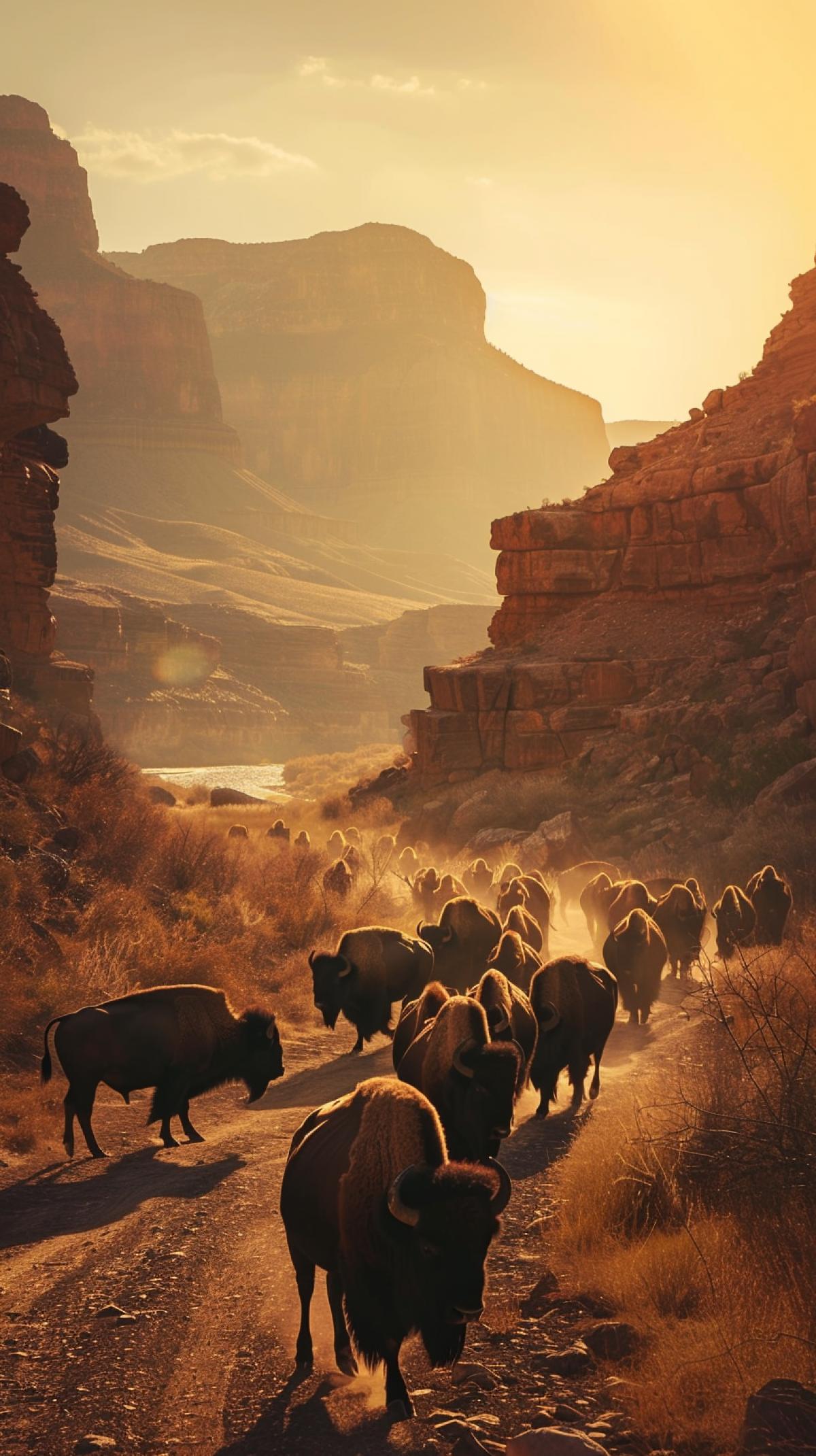 Wild West, early morning, a herd of bison is walking through the canyon