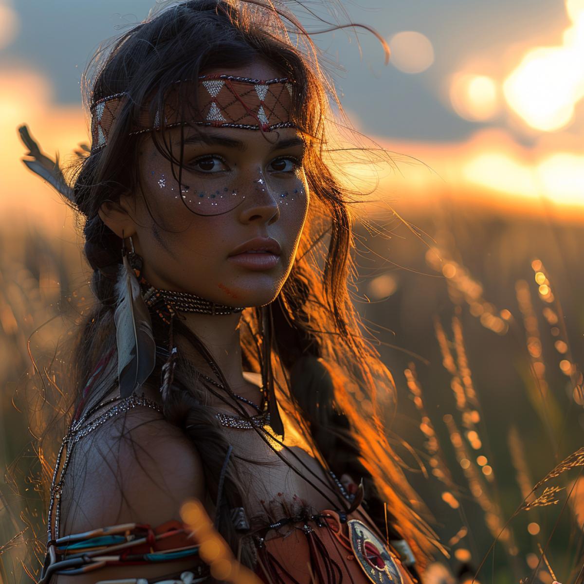 Wild West, prairies, sunset,women with apache feathers and dark wolf, airbrushing,loincloth, Native American makeup, beautiful aesthetics, artistic post 8K, beautiful avatar 8K, ash, artistic details, ceremonial, beautiful wallpaper\"ar 3:5