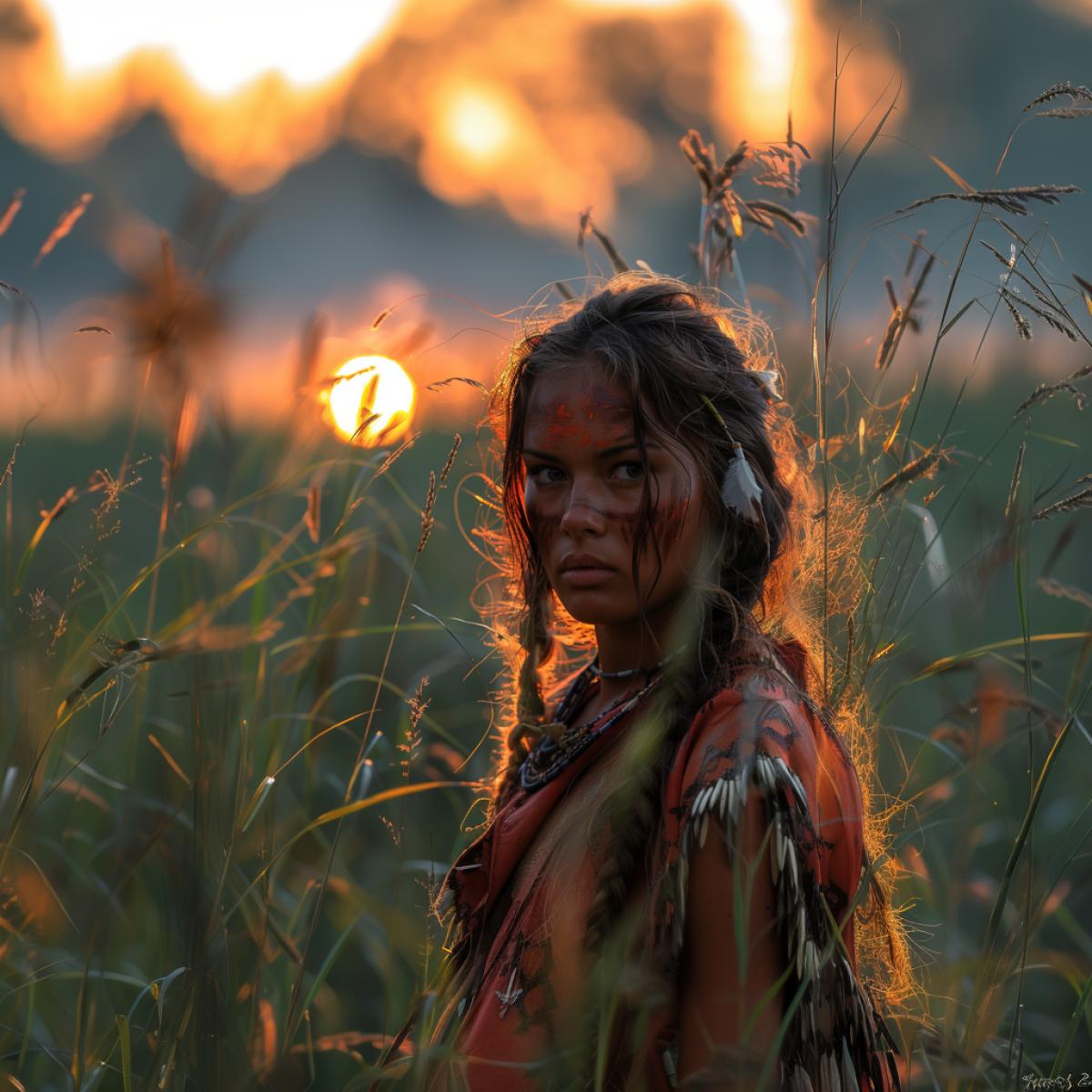 Wild West, prairies, sunset,women with apache feathers and dark wolf, airbrushing,loincloth, Native American makeup, beautiful aesthetics, artistic post 8K, beautiful avatar 8K, ash, artistic details, ceremonial, beautiful wallpaper\"ar 3:5