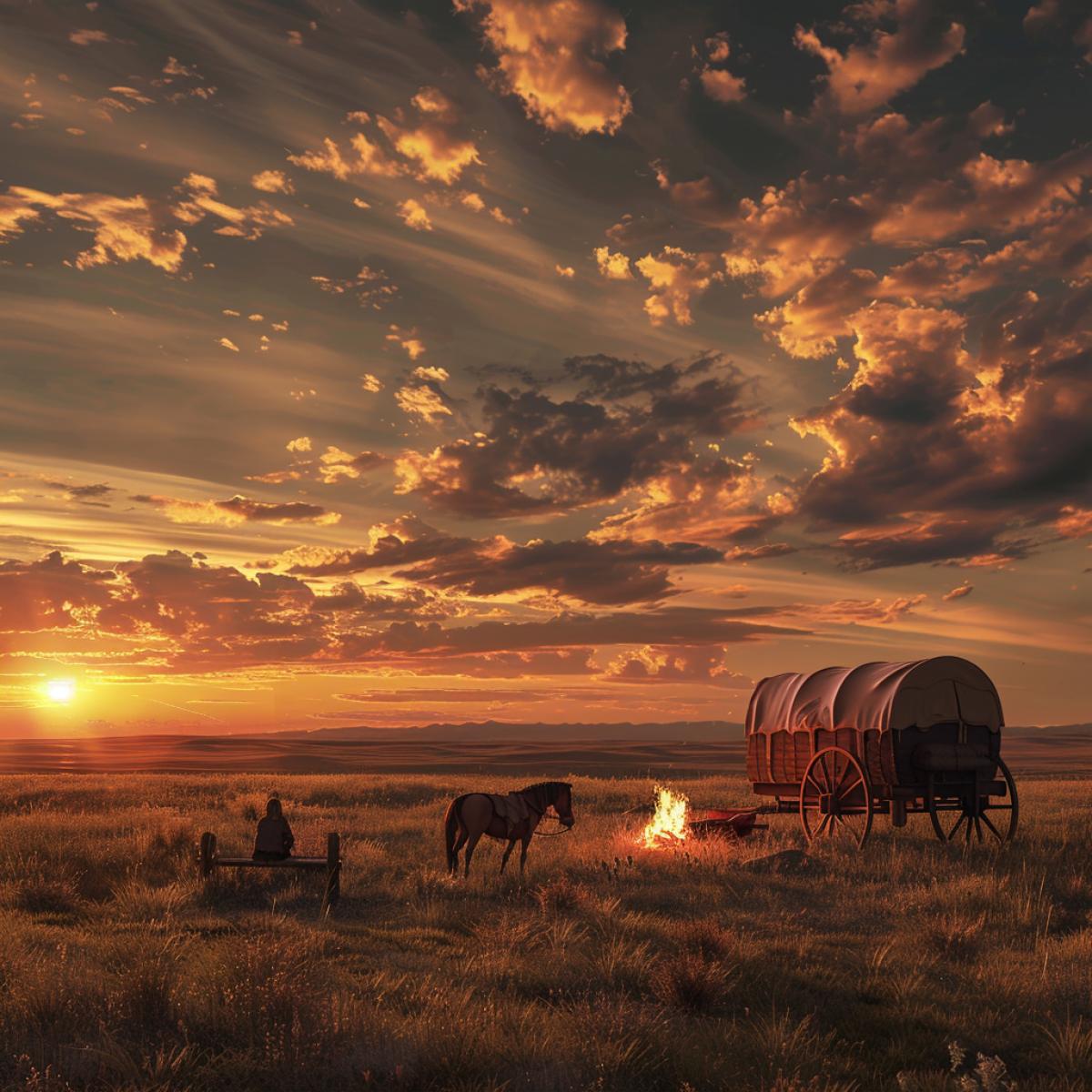 Wild West, prairies, against the backdrop of the sunset there is a covered wagon next to a grazing horse, and Navajo Indians are sitting near the fire