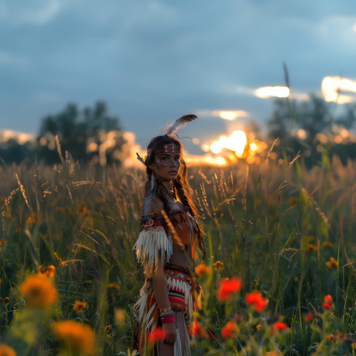 Wild West, prairies, sunset,women with apache feathers and dark wolf, airbrushing,loincloth, Native American makeup, beautiful aesthetics, artistic post 8K, beautiful avatar 8K, ash, artistic details, ceremonial, beautiful wallpaper\"ar 3:5
