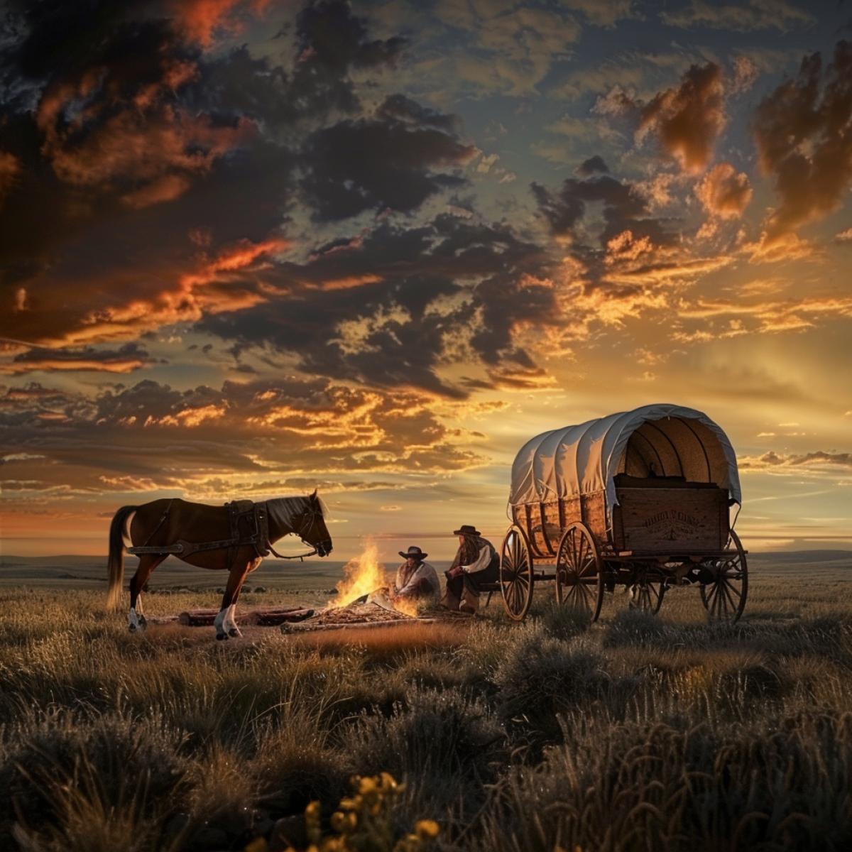 Wild West, prairies, against the backdrop of the sunset there is a covered wagon next to a grazing horse, and Navajo Indians are sitting near the fire