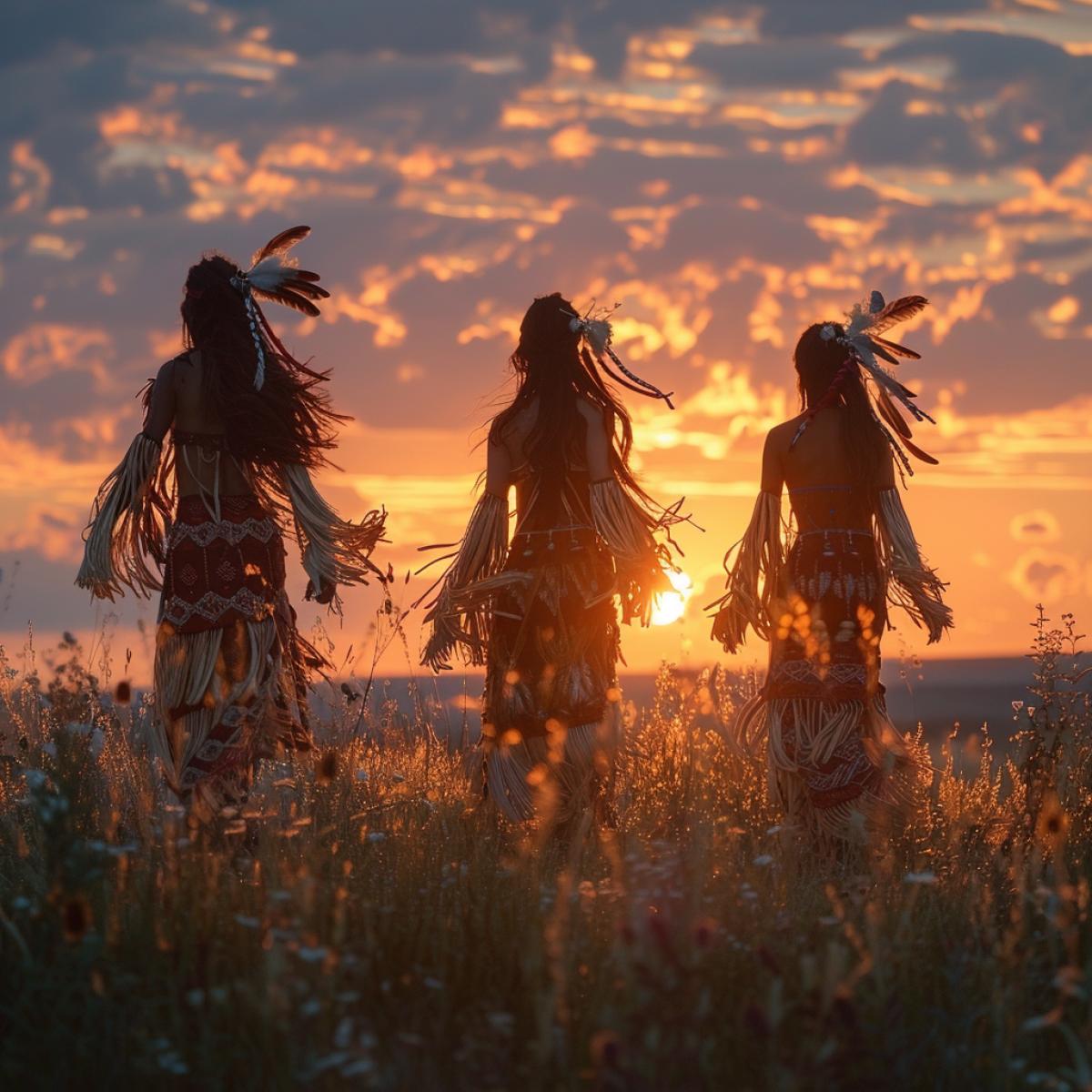 Wild West, wild prairies, sunset, Apache girls dancing