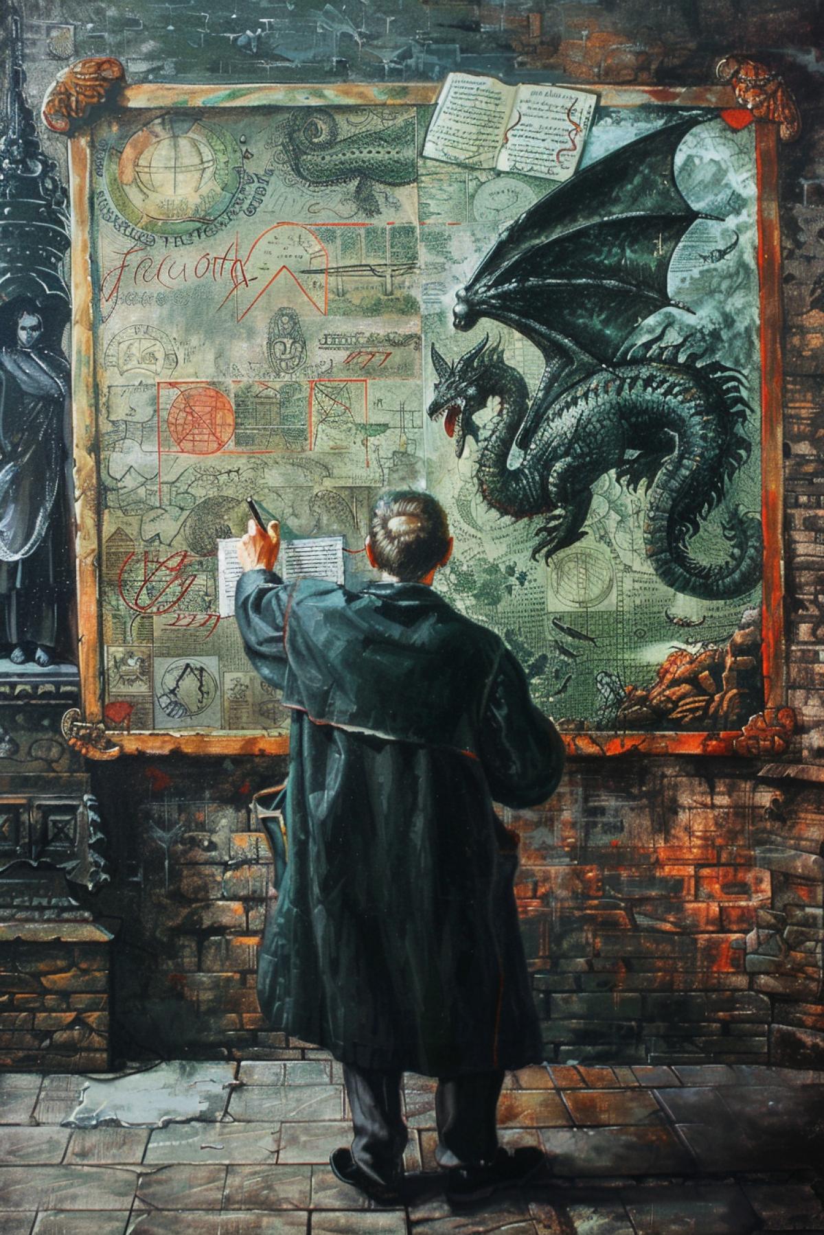 the teacher stands near the school board, the Middle Ages. magic, esotericism, philosophy, mythical creatures, flickering, realistic image,