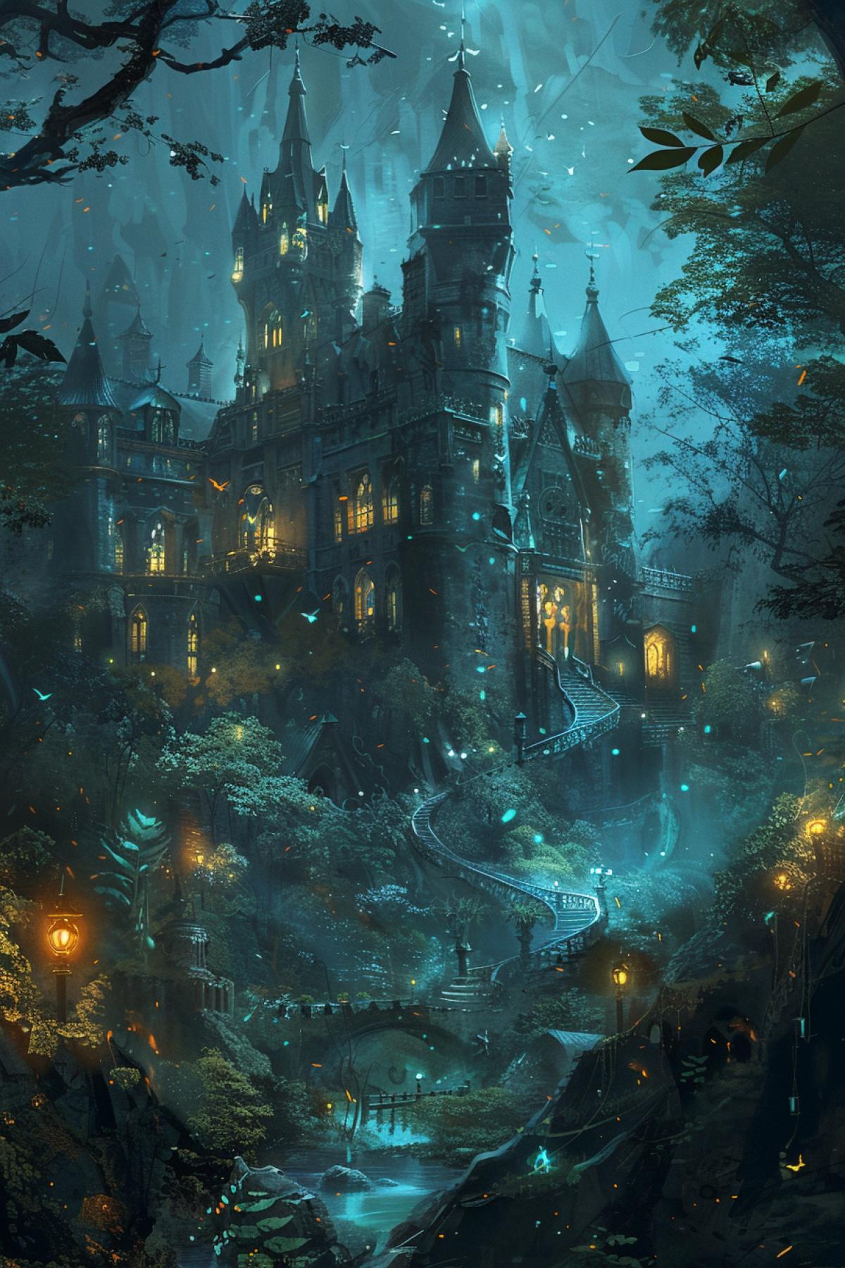 A majestic castle hidden in a dense forest, its spiers and towers shrouded in a magical glow. The forest around is filled with a mysterious atmosphere: glowing plants, floating fairies and mythical creatures. The castle emits a mysterious blue glow, the windows shimmer with internal light, emphasizing the magical nature of the school of magic.