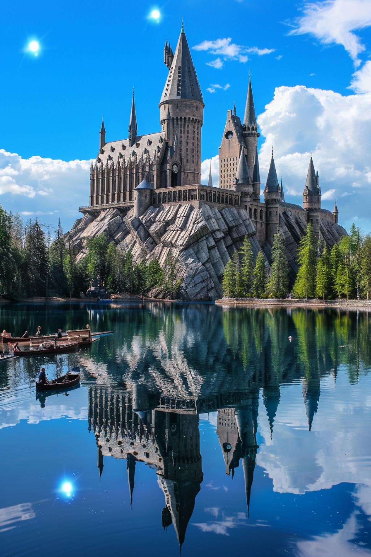 The castle is surrounded by a mystical lake, its towers reflected in the crystal clear water. Around the lake are outdoor classrooms where students practice magic. Magic boats float on the lake, carrying students from one place to another. Shining magical spheres float above the water, creating an atmosphere of magic.
