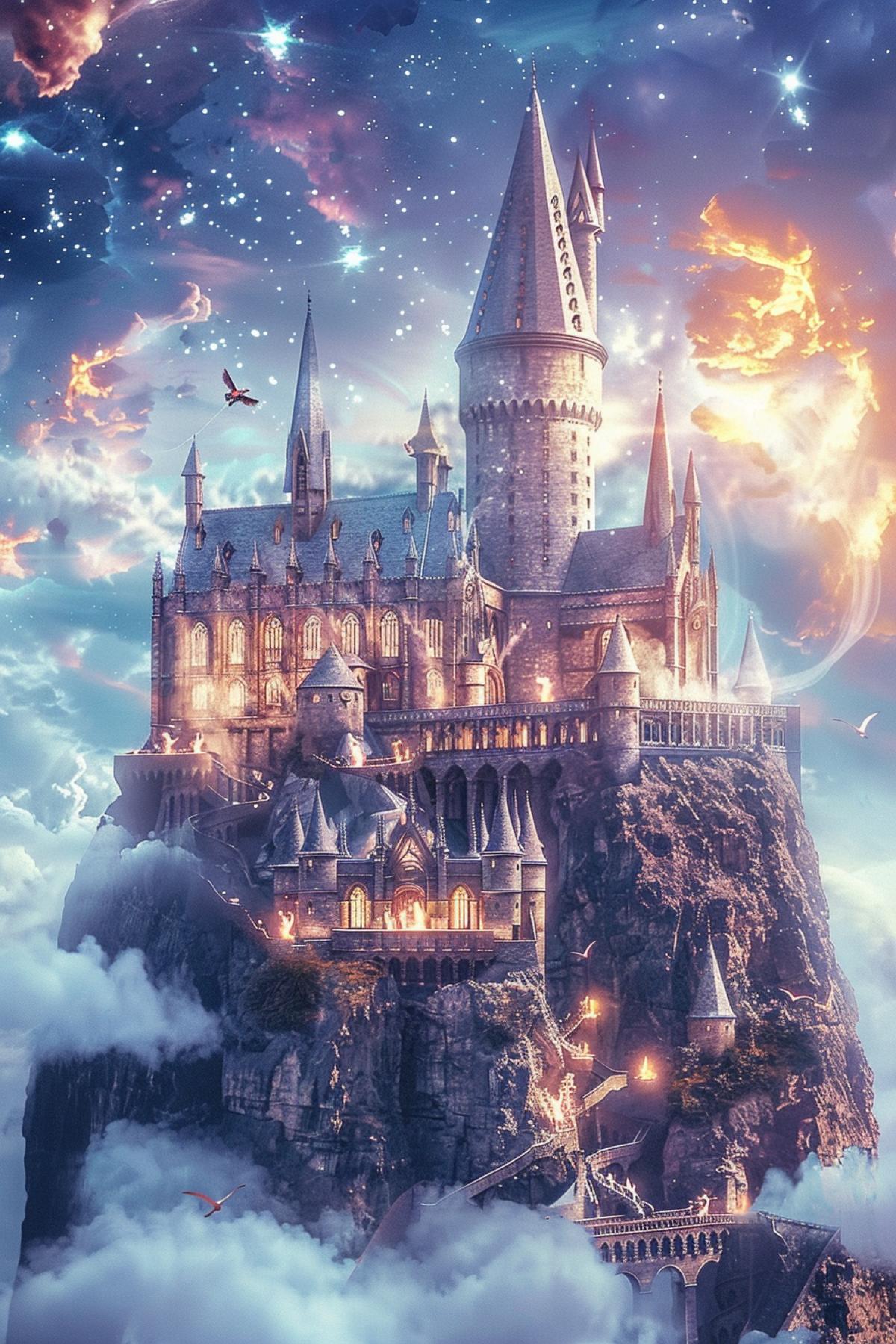 A magical school on top of a mountain, surrounded by clouds and stars. The building is in Gothic style, with tall arches and stained glass windows depicting scenes from magical history. Young magicians practice in the courtyard, flying on brooms and creating spells. Magical creatures such as griffins and dragons guard the school