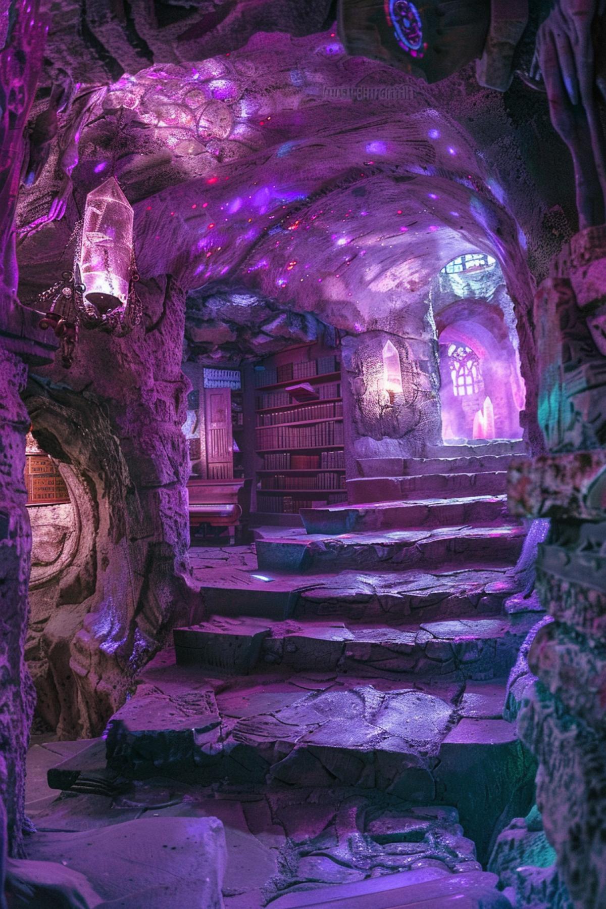 Stone steps lead to the entrance to the school of magic, hidden in the depths of the cave. Inside, a huge room opens with high vaults decorated with magical symbols and ancient artifacts. Students learn spells, books float in the air, and magic crystals illuminate the hall with a soft purple light.