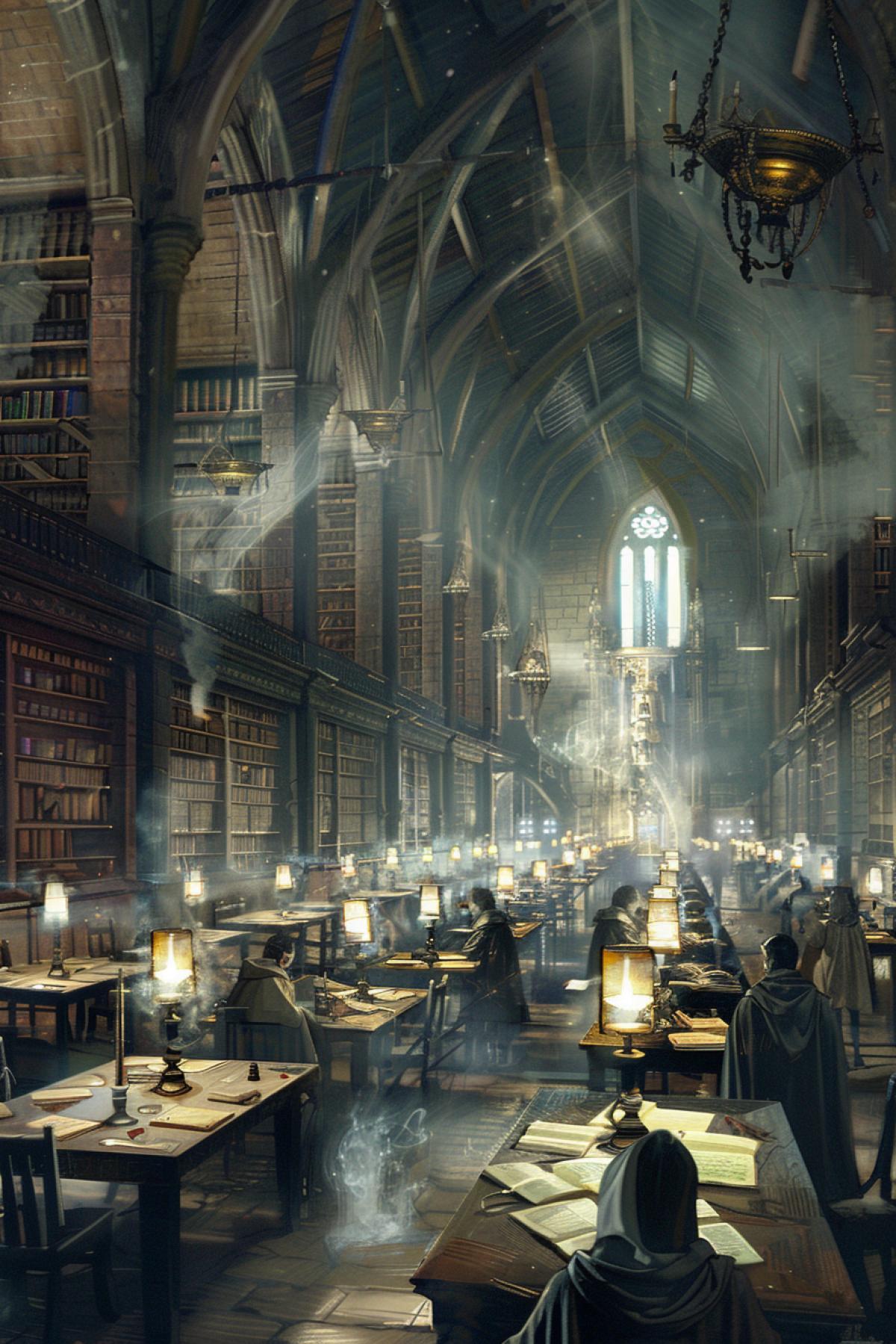 The huge hall of the school of magic, with high vaulted ceilings and massive wooden tables covered with ancient books and scrolls. Magic lamps float in the air, illuminating students engaged in magical experiments. The walls are decorated with moving portraits of great magicians of the past.