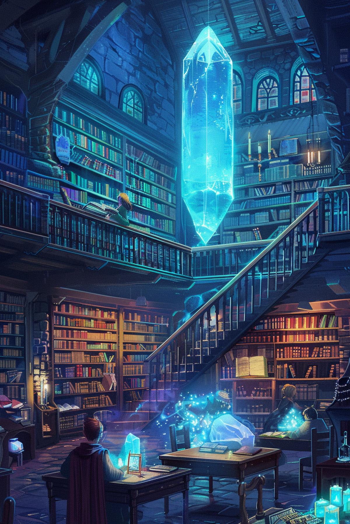 A cozy library with high shelves filled with magical books and artifacts. A large crystal hovers in the center of the room, illuminating the space with a soft blue light. Students sit at tables studying spells and potions. Stairs and bridges connect the different levels of the library.