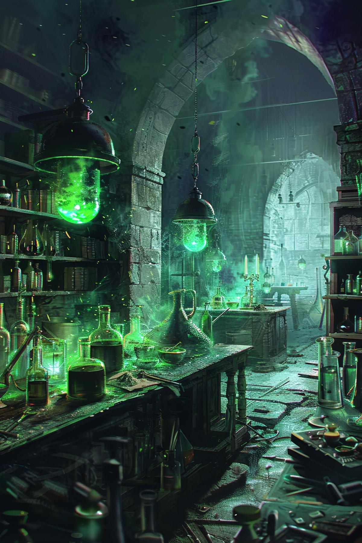 An alchemy laboratory filled with flasks, retorts and mystical potions. In the center stands a large alchemy table with shimmering crystals and smoking cauldrons. Students, surrounded by ancient tomes and alchemical tools, mix ingredients and create magical potions. The lamps on the walls emit a soft, greenish light.