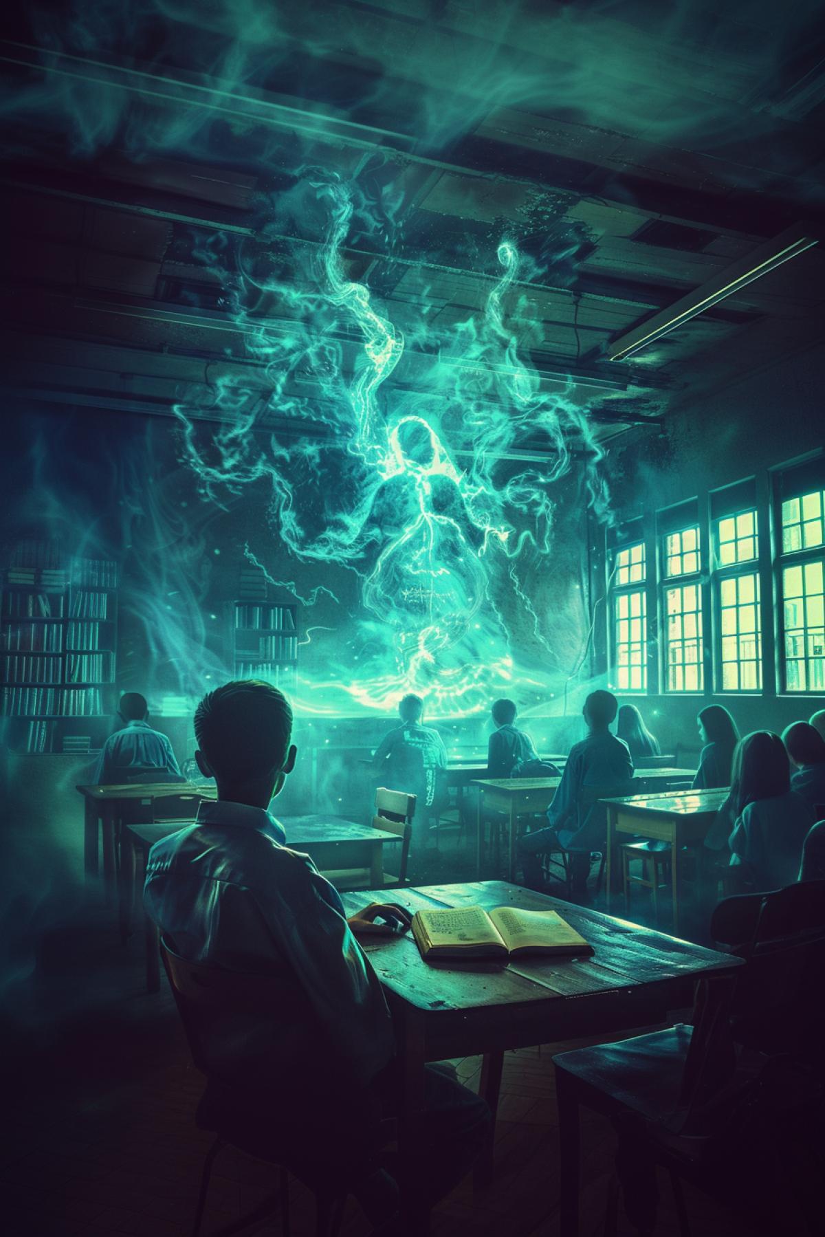 School, students, class, magic, esotericism, parallel world, philosophy, mythical creatures, flickering, realistic image, photoshop