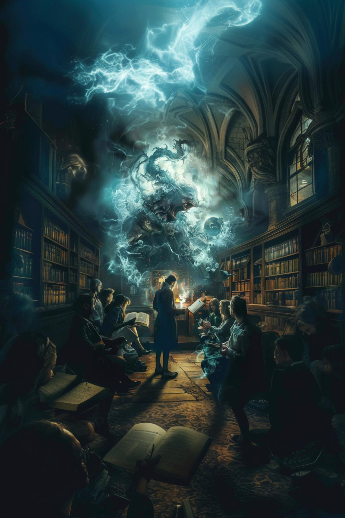 School, students, class, magic, esotericism, philosophy, mythical creatures, flickering, realistic image, photoshop