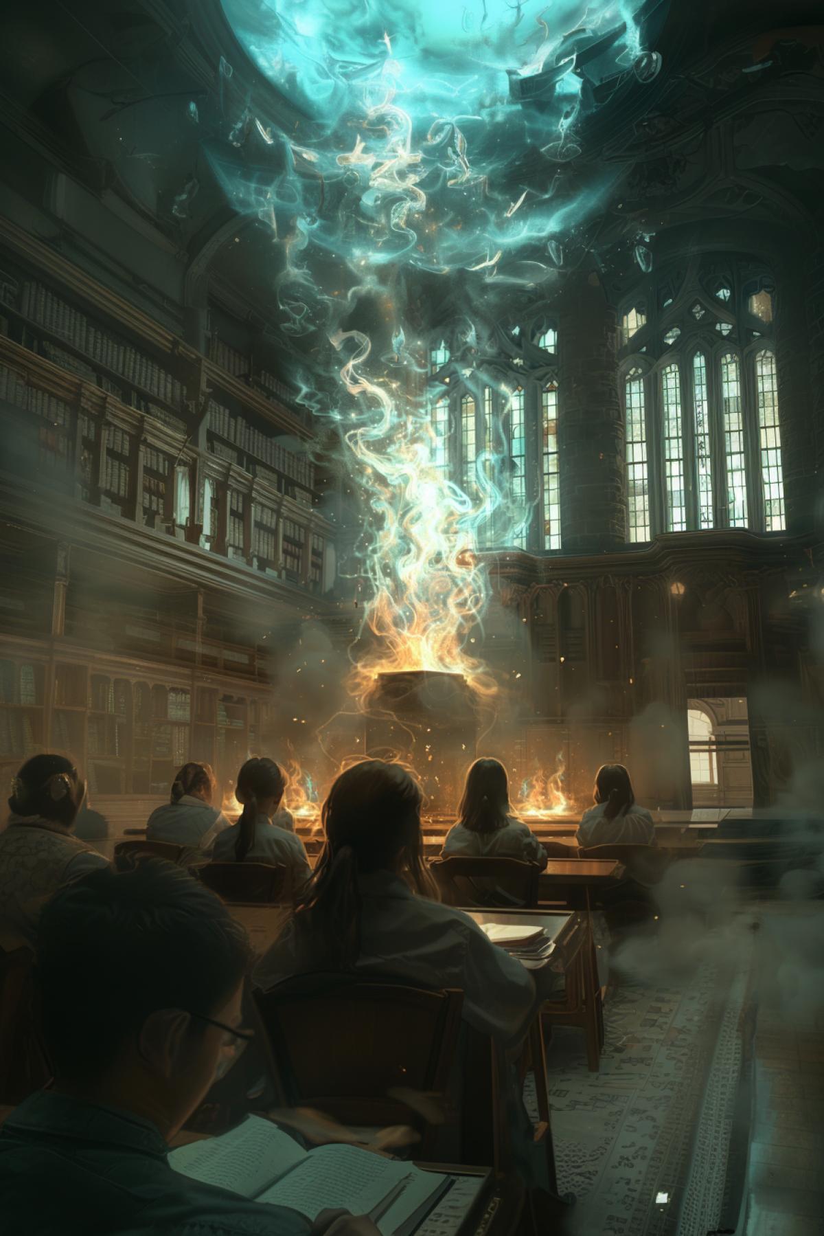 School, students, class, magic, esotericism, philosophy, mythical creatures, flickering, realistic image, photoshop
