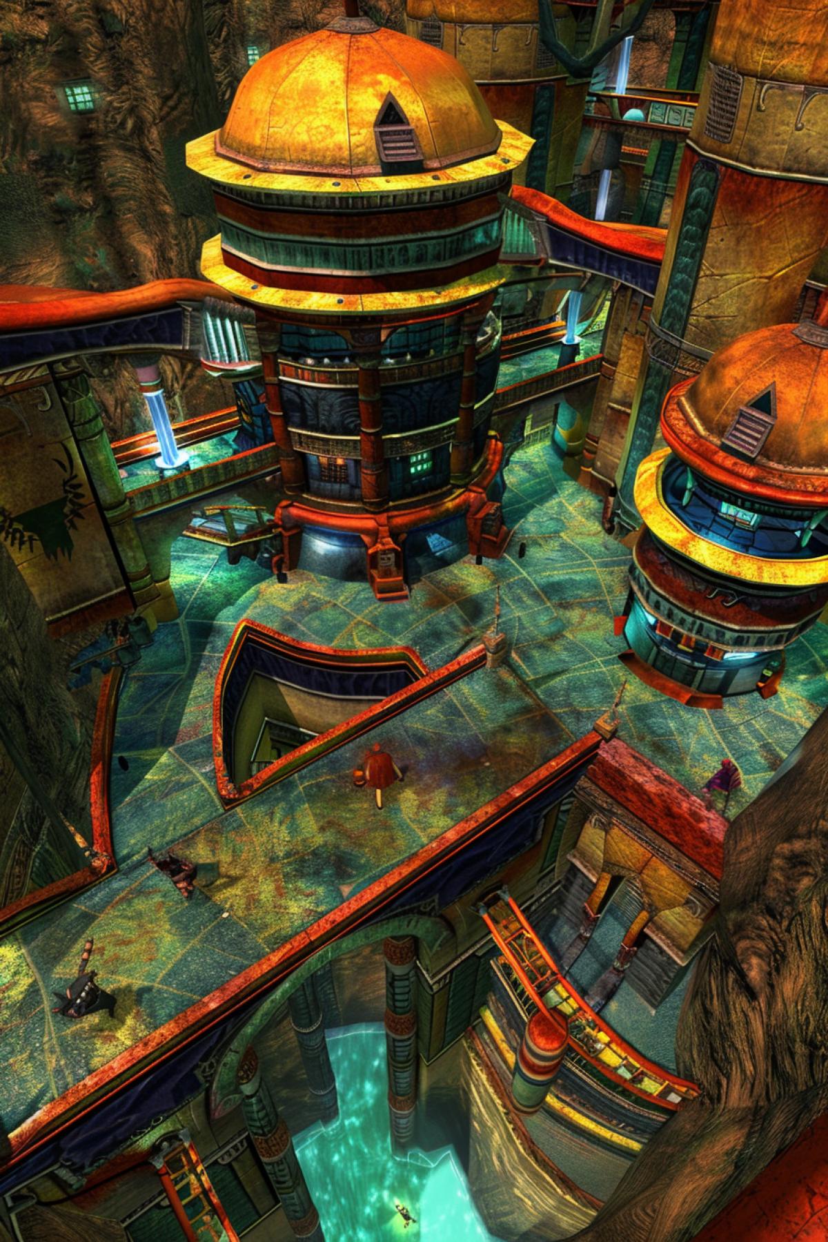 School of magic in Morrowind style, lights, lanterns, magic, cat!