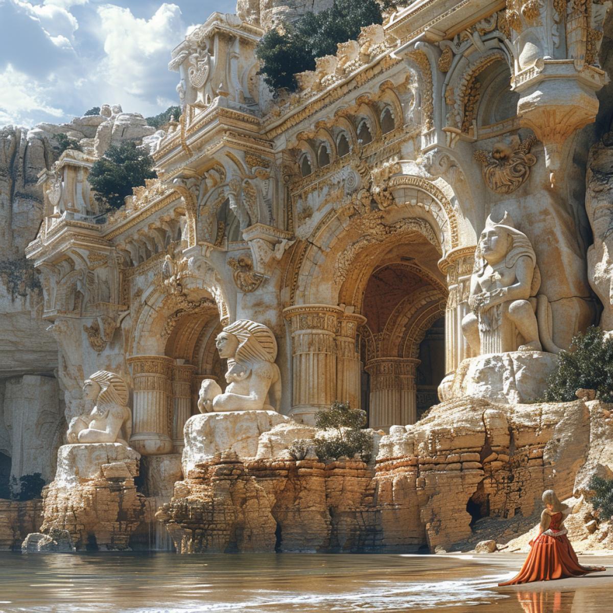 Magic world. A huge rock near the sea rises almost to the skies, this is the mysterious entrance to the magician’s palace. A sphinx sits near a rock, licking its paw, two gargoyles sit on the stone walls. ghost woman playing with sphinx kitten