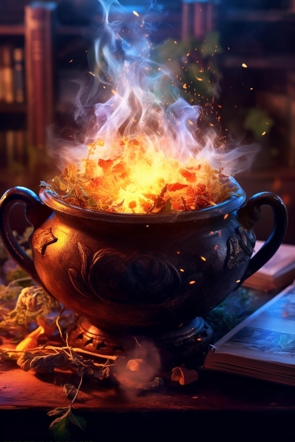 Magic cauldron with a book of spells