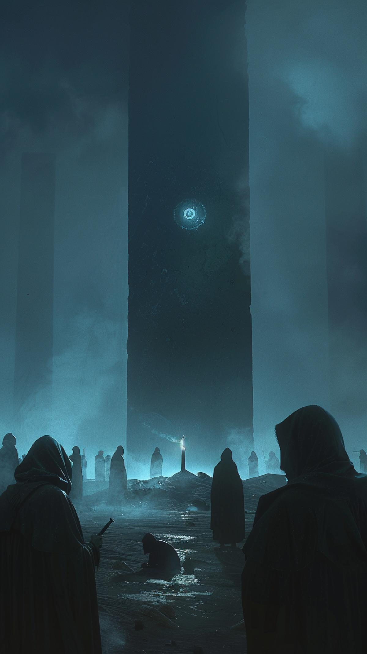 A dark field, in the background there is a large tall rectangular monolith with an eye in the middle, in the foreground hooded cultists gathered in a circle around a candle, dark blue tones