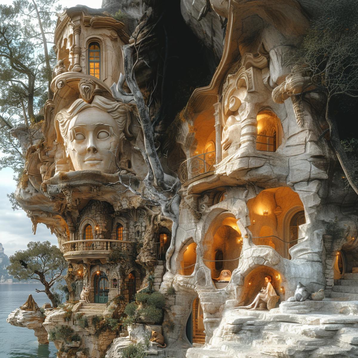 Magic world. A huge rock near the sea rises almost to the skies, this is the mysterious entrance to the magician’s palace. A sphinx sits near a rock, licking its paw, two gargoyles sit on the stone walls. ghost woman playing with sphinx kitten