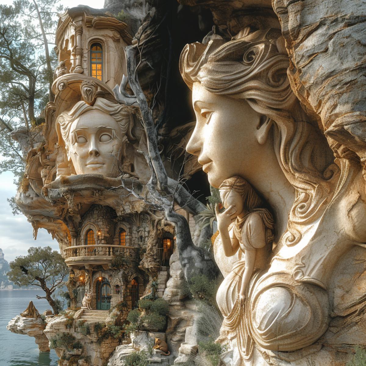 Magic world. A huge rock near the sea rises almost to the skies, this is the mysterious entrance to the magician’s palace. A sphinx sits near a rock, licking its paw, two gargoyles sit on the stone walls. ghost woman playing with sphinx kitten