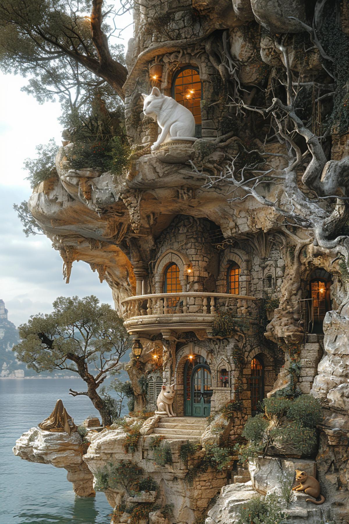 Magic world. A huge rock near the sea rises almost to the skies, this is the mysterious entrance to the magician’s palace. A sphinx sits near a rock, licking its paw, two gargoyles sit on the stone walls. ghost woman playing with sphinx kitten