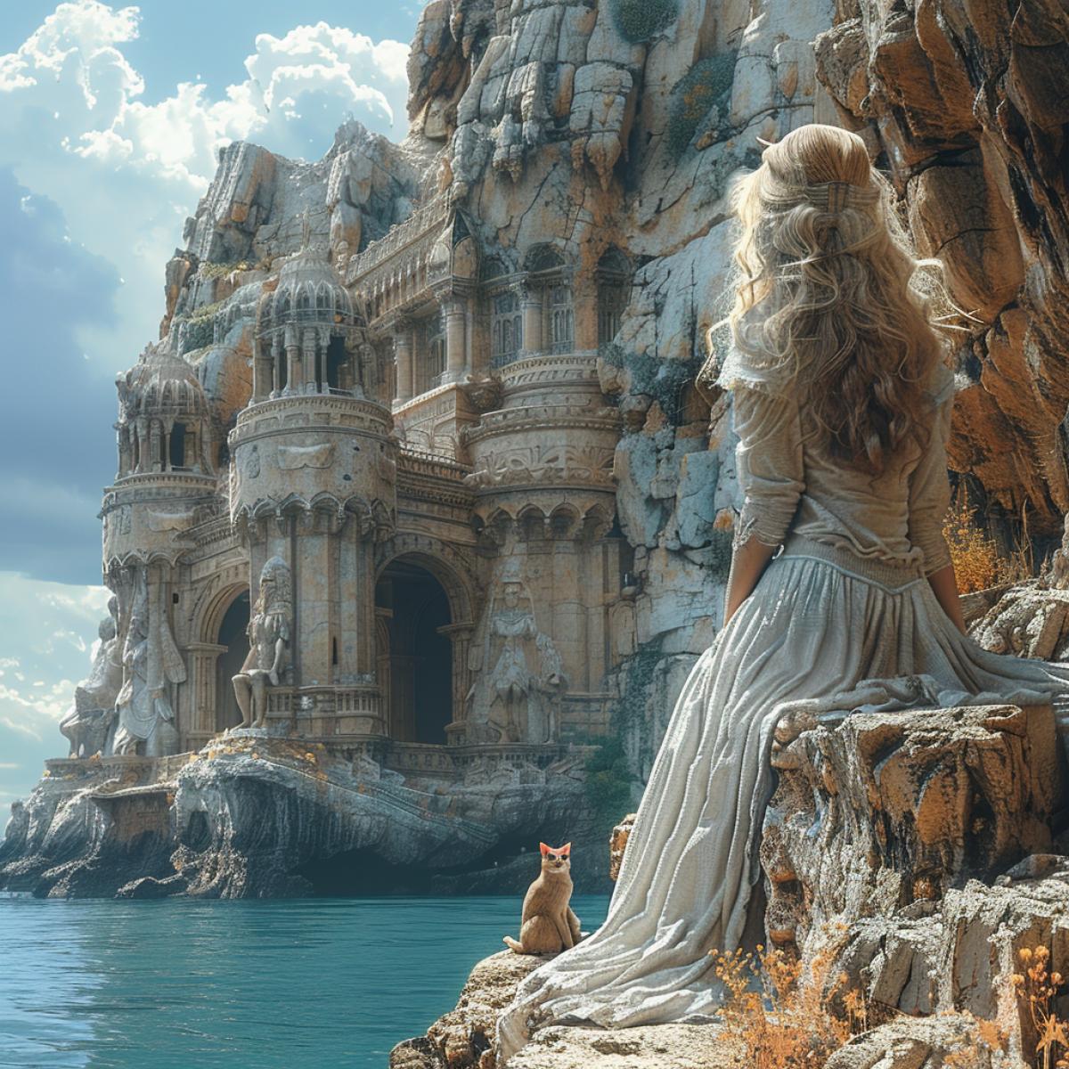 Magic world. A huge rock near the sea rises almost to the skies, this is the mysterious entrance to the magician’s palace. A sphinx sits near a rock, licking its paw, two gargoyles sit on the stone walls. ghost woman playing with sphinx kitten