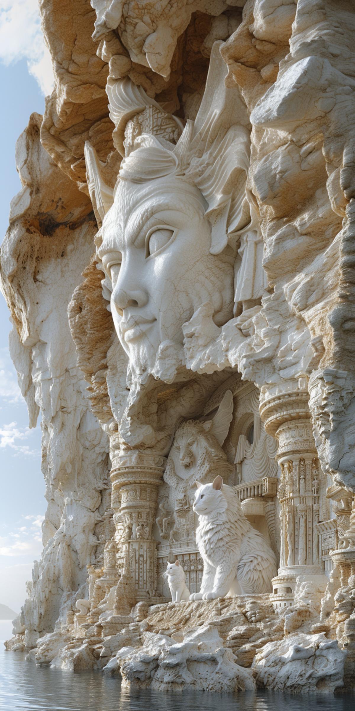 Magic world. A huge rock near the sea rises almost to the skies, this is the mysterious entrance to the magician’s palace. A sphinx sits near a rock, licking its paw, two gargoyles sit on the stone walls. ghost woman playing with sphinx kitten