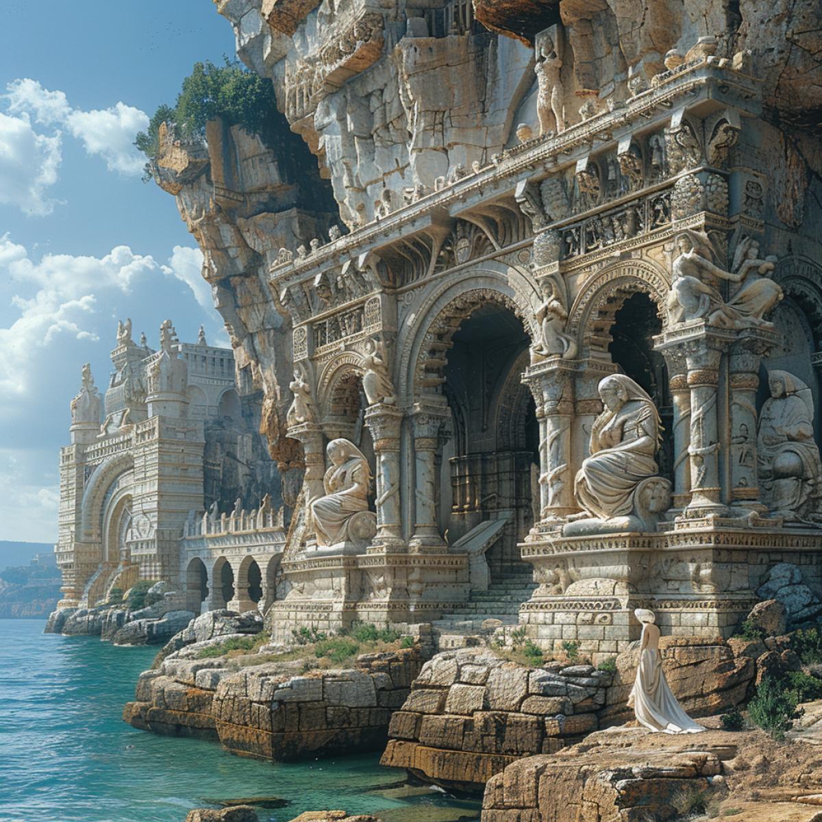 Magic world. A huge rock near the sea rises almost to the skies, this is the mysterious entrance to the magician’s palace. A sphinx sits near a rock, licking its paw, two gargoyles sit on the stone walls. ghost woman playing with sphinx kitten