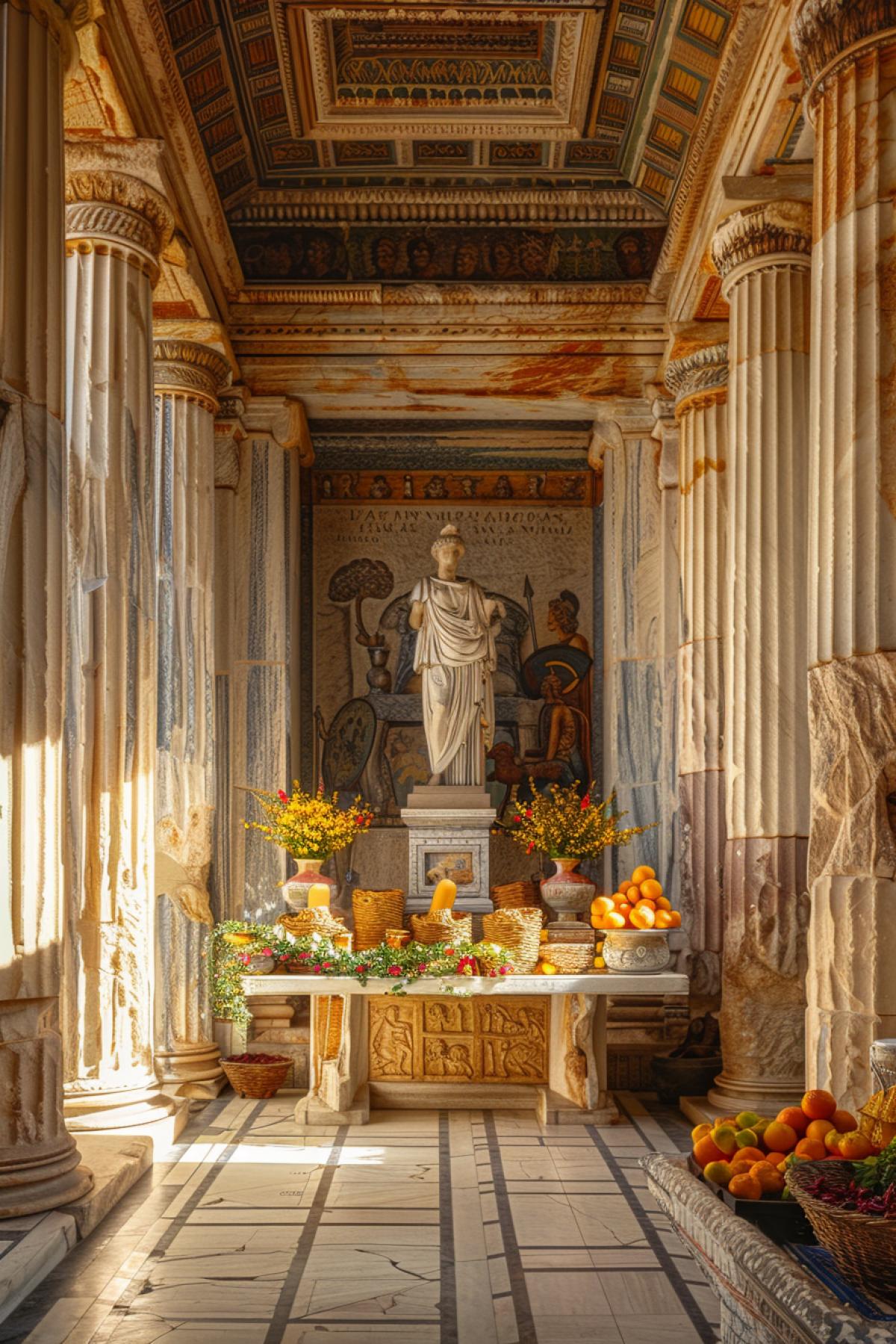 The interior of an ancient Greek temple, decorated with marble columns and paintings on the walls. On the altar in front of the statue of the goddess Athena there are offerings amphoras with wine, baskets of fruit and flower garlands. The light entering through the narrow windows creates a mystical atmosphere, emphasizing the grandeur of the architecture and beautiful space.