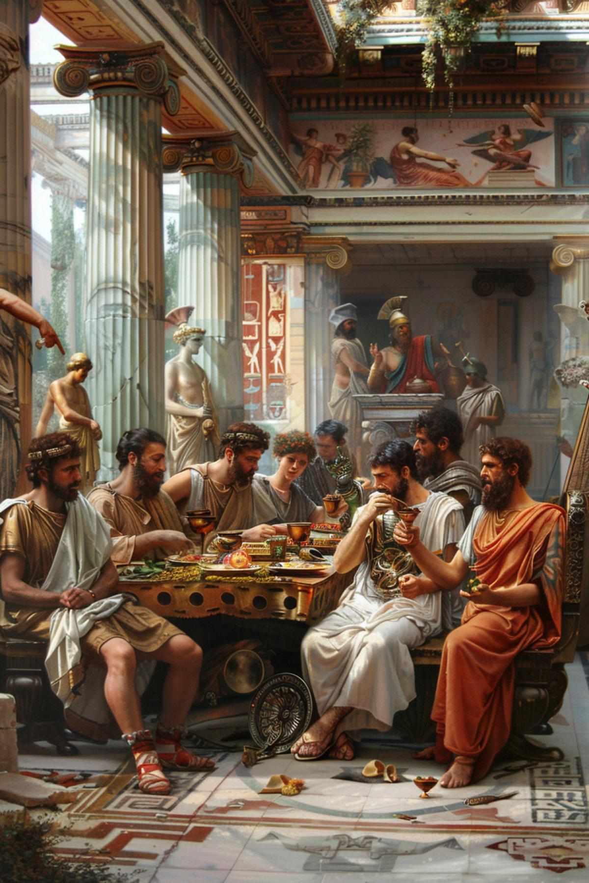 An ancient Greek symposium in the spacious house of an aristocrat. A room with high ceilings and marble floors, decorated with frescoes and statues of gods. At a large table sit men in tunics, discussing philosophy and enjoying wine. In the corner, a musician plays the lyre, and 4ks serve dishes of delicacies.
