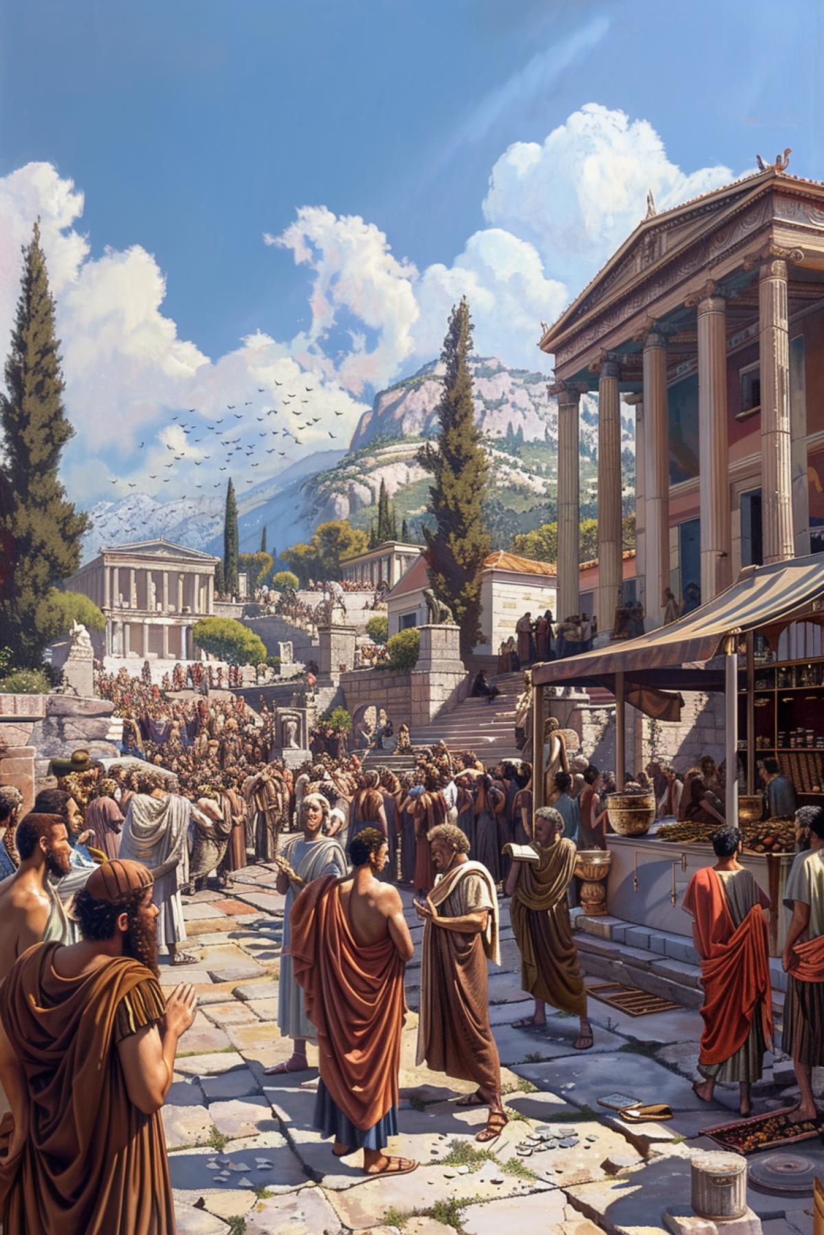 The ancient Greek agora is the center of public life. Around the square are majestic buildings with columns and statues of philosophers and gods. Townspeople in tunics and himatia discuss the news, merchants sell their goods on numerous counters. In the center of the agora is a speaker speaking to an attentive crowd. The bright sky and bright sun highlight the liveliness of the scene.