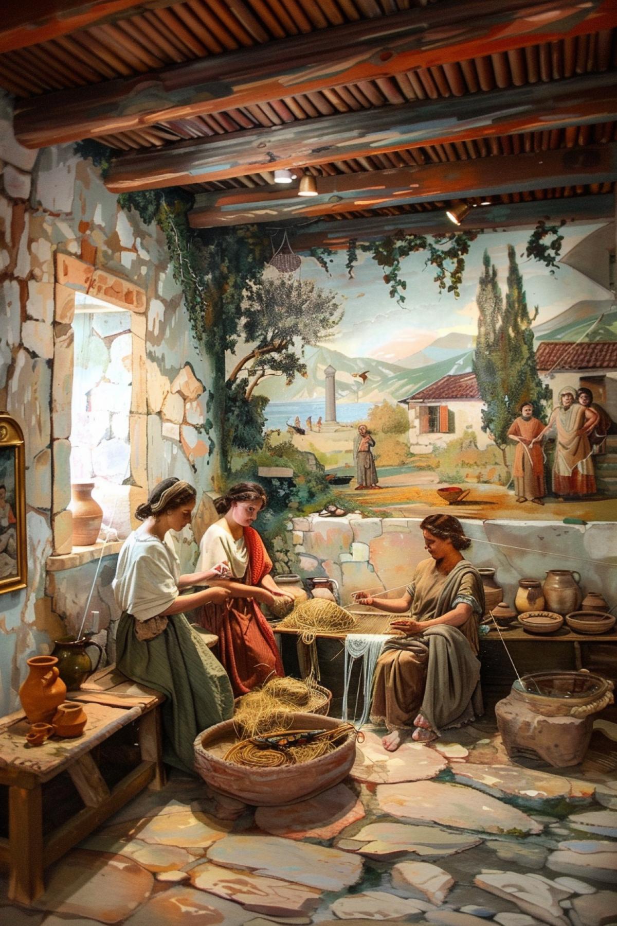 Women in ancient Greek peplos and himation, spinning and weaving on looms in a cozy room. Surrounded by clay jugs and baskets of wool, they talk about household chores. On the walls there are paintings depicting mythological scenes and everyday life. Light from oil lamps softly illuminates the interior, creating a warm atmosphere.