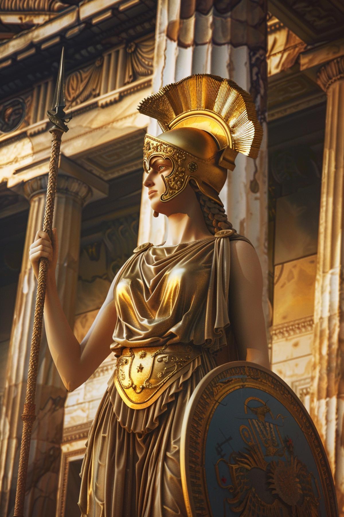 The ancient Greek goddess Athena in full growth, in an elegant chiton and with a golden helmet, holds in her hands a spear and a shield decorated with the Gorgon Medusa. The background is the marble columns of the Parthenon Temple. The light from the torches gives the divine figure majesty and mystery.