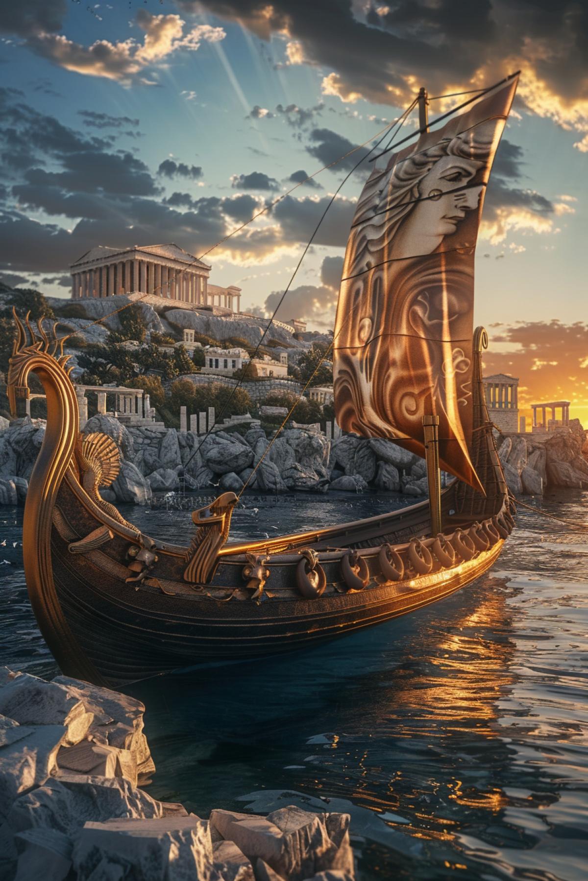An ancient Greek ship a trireme, standing on the shores of the Aegean Sea. Detailed ship features include a Medusa Gorgon sail, bronze oars and a dragon-shaped bow. In the background are rocky shores and an ancient city with marble buildings and temples. The light from the setting sun adds drama to the scene.