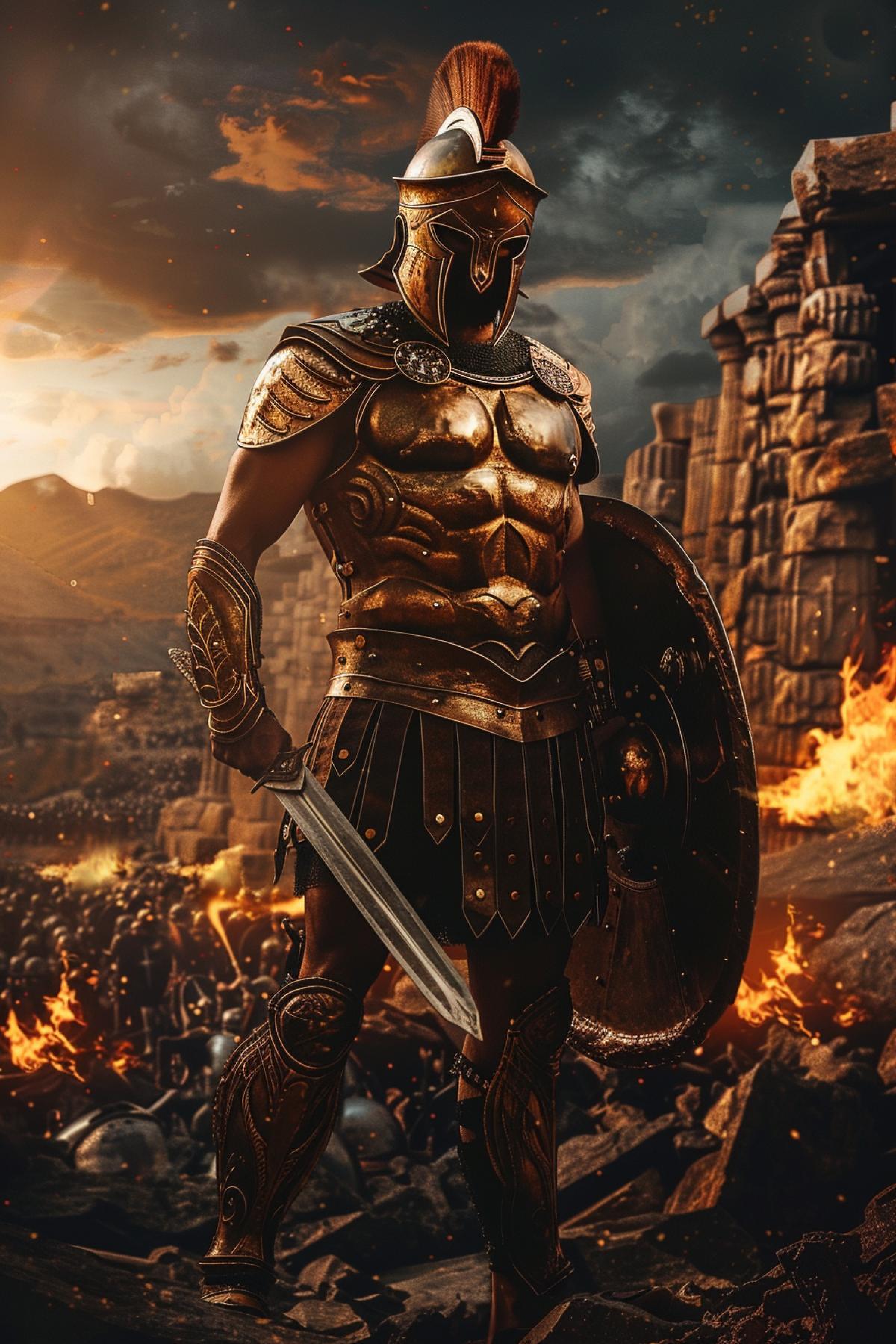 The ancient Greek hero Achilles in full height, in bronze armor, with a sword and shield. In the background are the destroyed walls of Troy, burning torches and comrades. The scene is illuminated by bright sunlight, emphasizing the strength and courage of the hero.